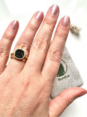 NWT Bondhu Black Druzy Stone Ring, Princess cushion